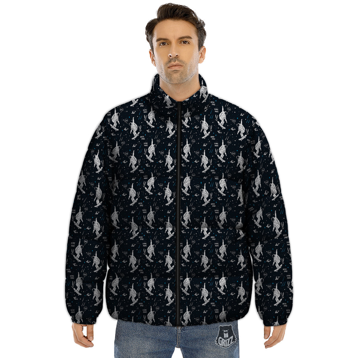 Astronaut Cute Print Pattern Puffer Jacket-grizzshop