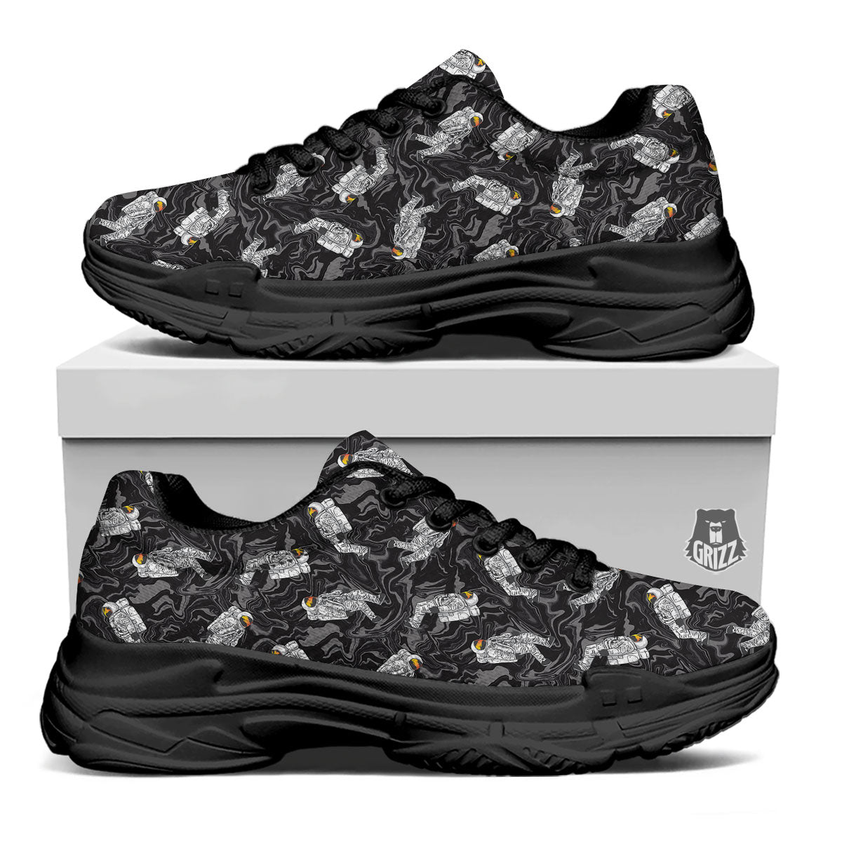 Astronaut Floating In Space Print Black Chunky Shoes-grizzshop