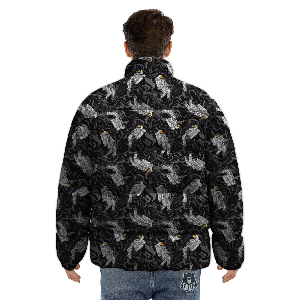 Astronaut Floating In Space Print Puffer Jacket-grizzshop