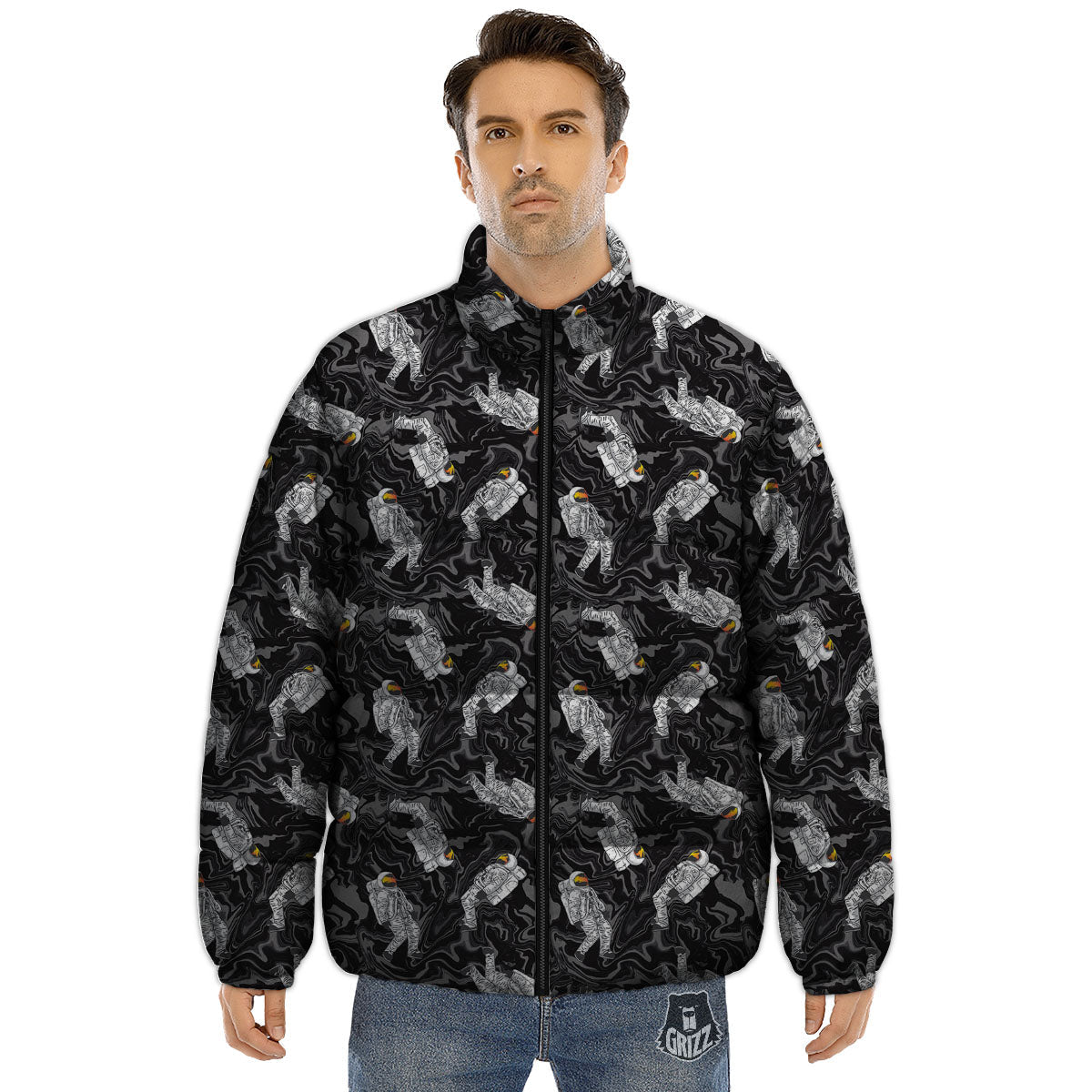 Astronaut Floating In Space Print Puffer Jacket-grizzshop