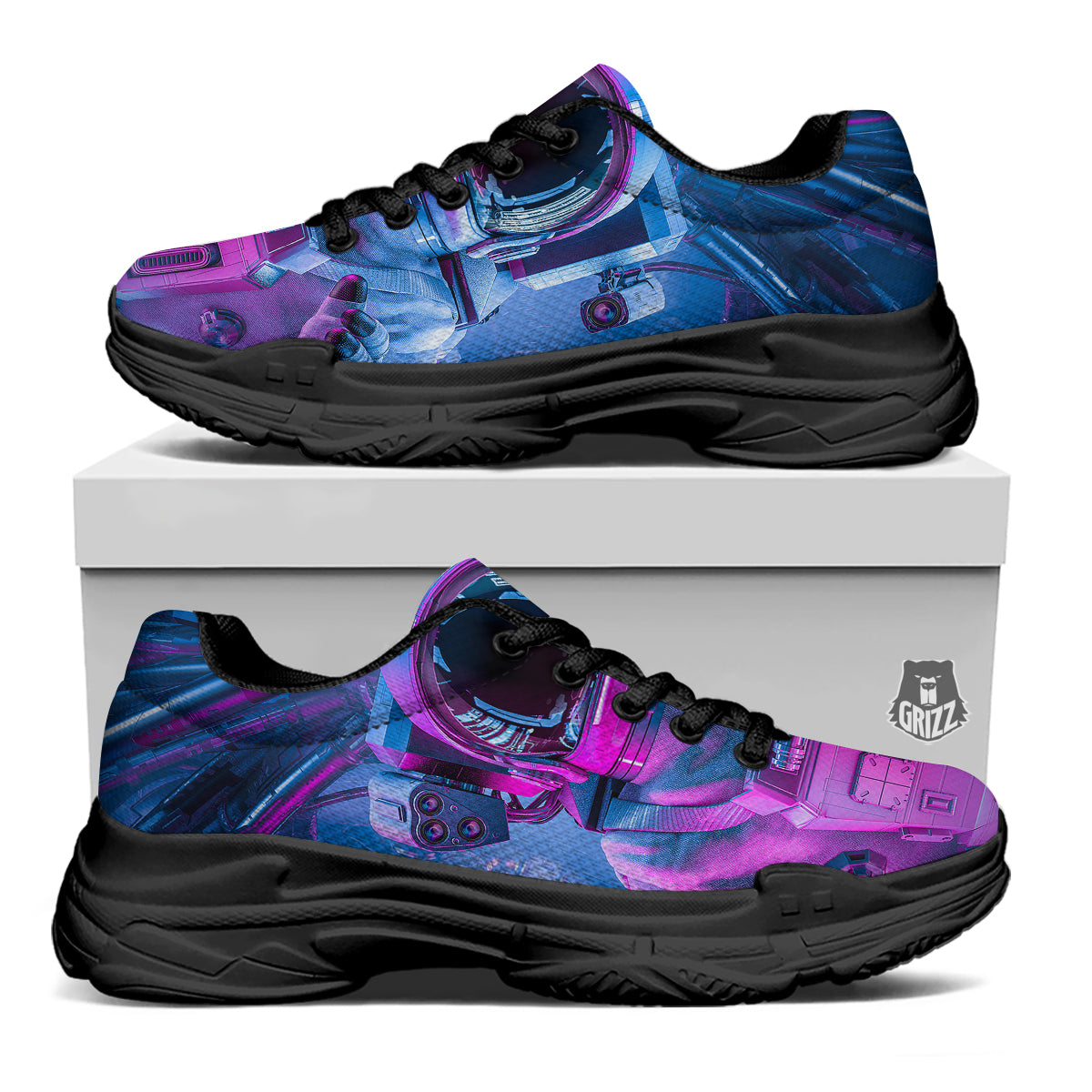 Astronaut Futuristic Print Black Chunky Shoes-grizzshop