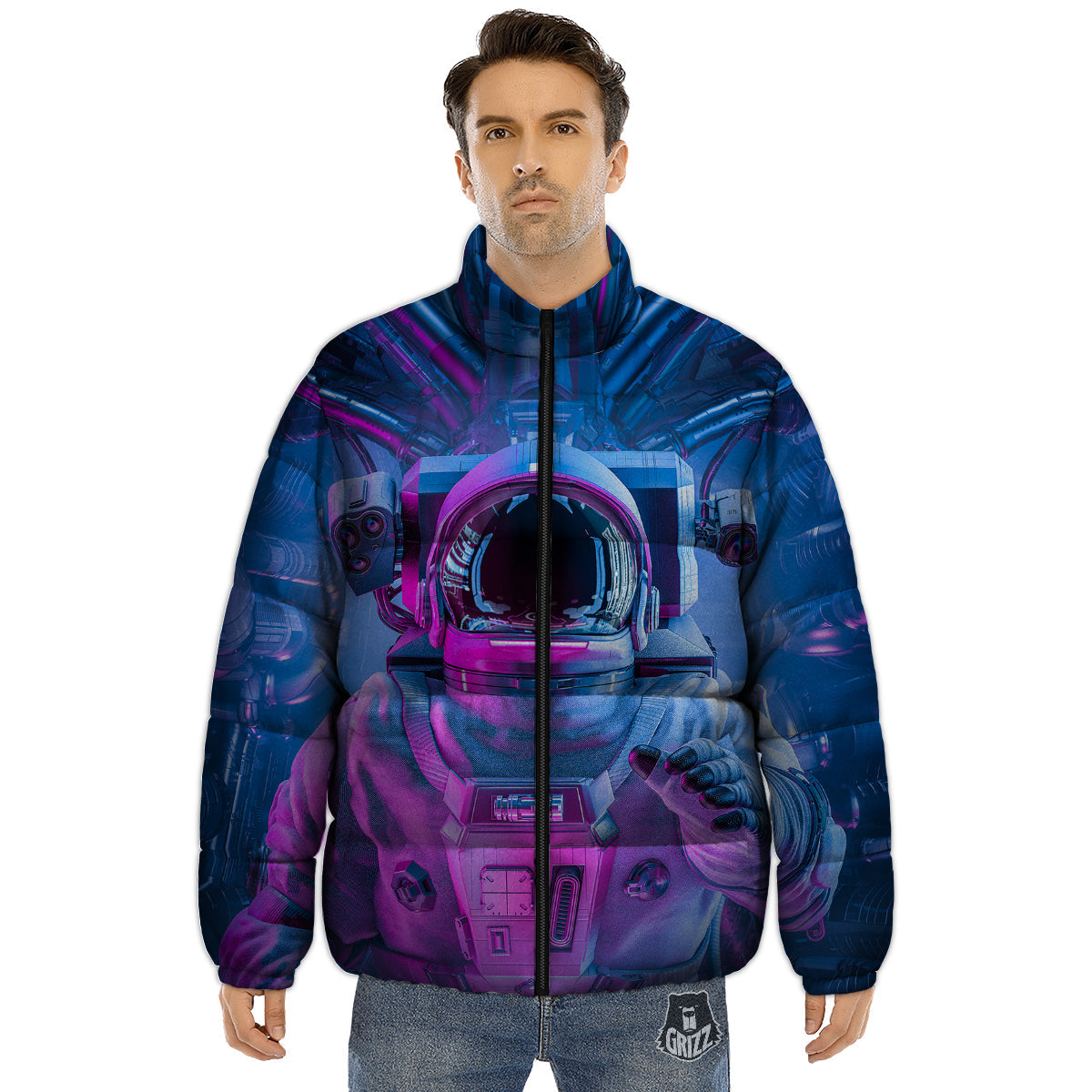 Astronaut Futuristic Print Puffer Jacket-grizzshop