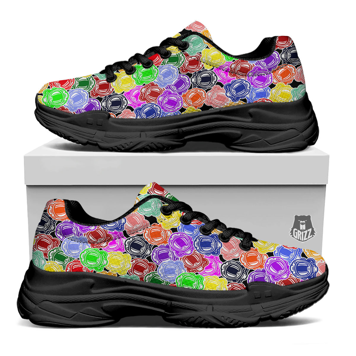 Astronaut Helmet Colorful Print Pattern Black Chunky Shoes-grizzshop