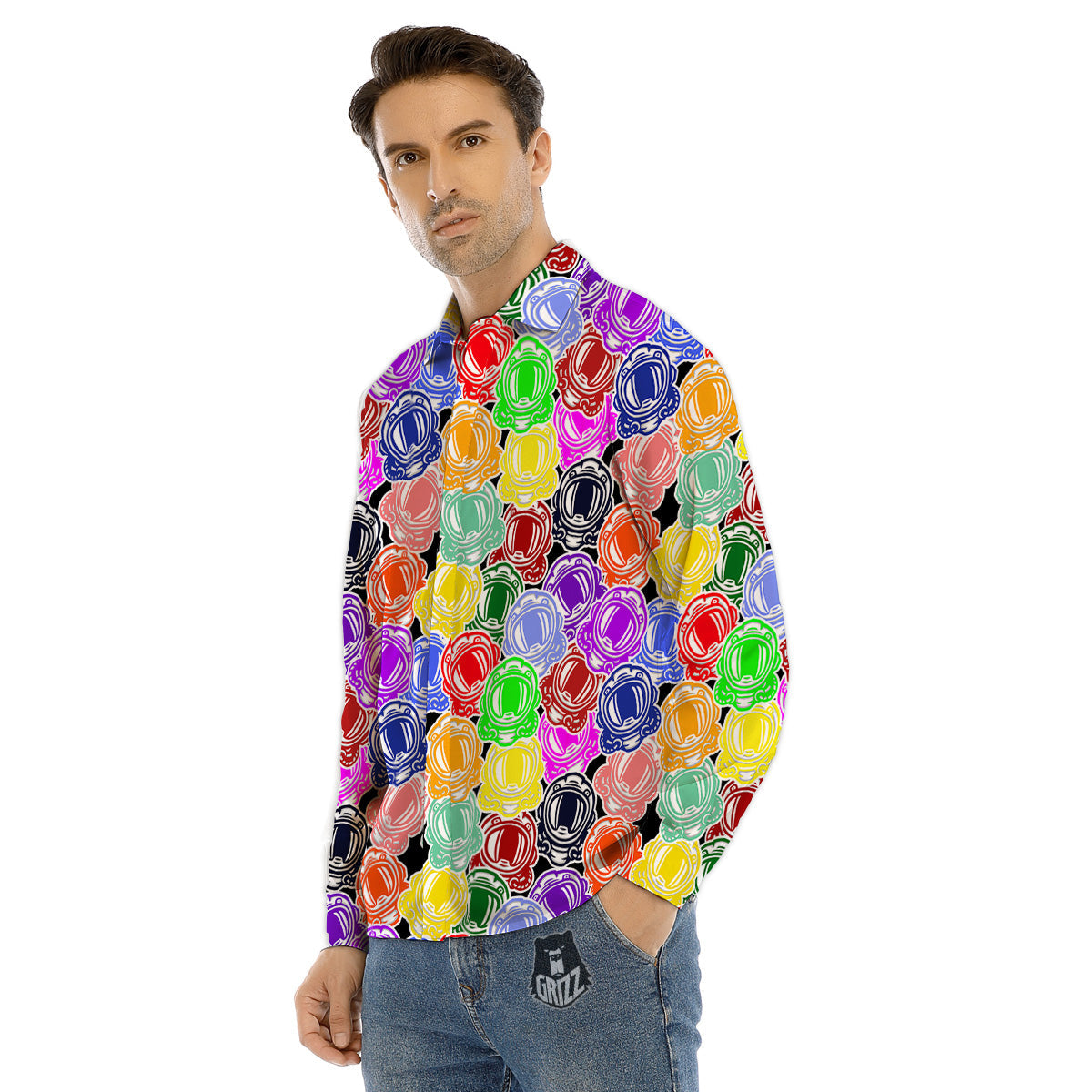 Astronaut Helmet Colorful Print Pattern Men's Dress Shirts-grizzshop
