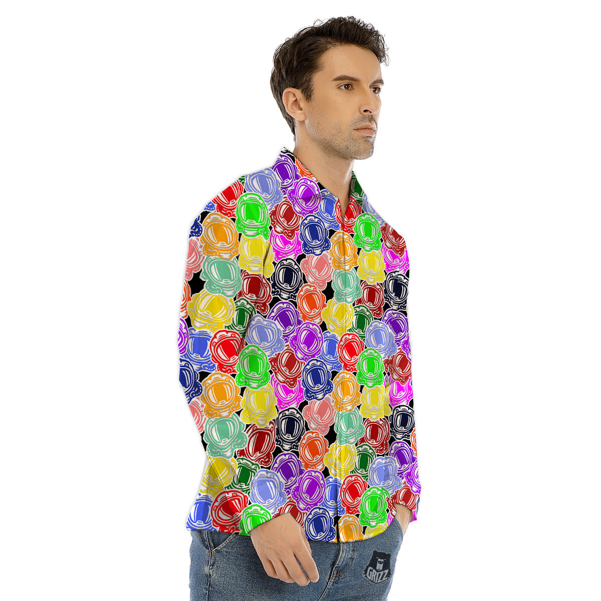 Astronaut Helmet Colorful Print Pattern Men's Dress Shirts-grizzshop