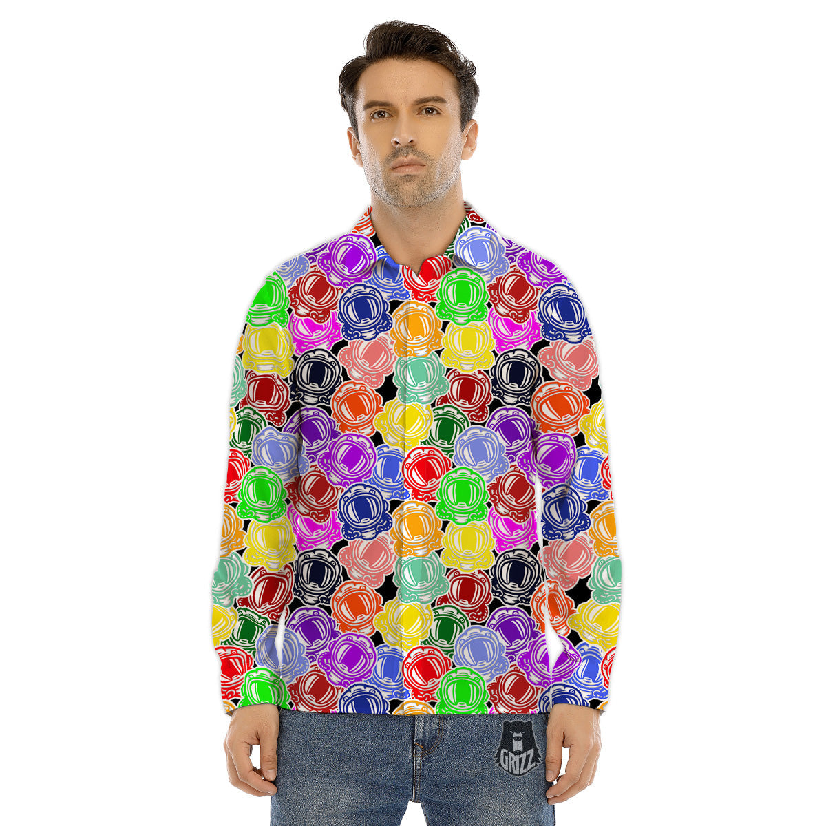 Astronaut Helmet Colorful Print Pattern Men's Dress Shirts-grizzshop