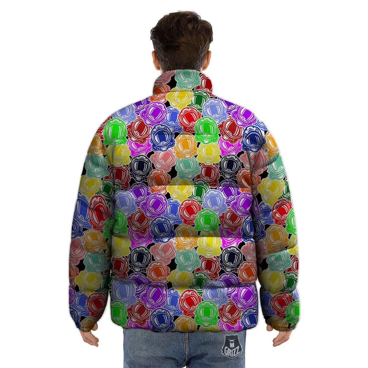Astronaut Helmet Colorful Print Pattern Puffer Jacket-grizzshop