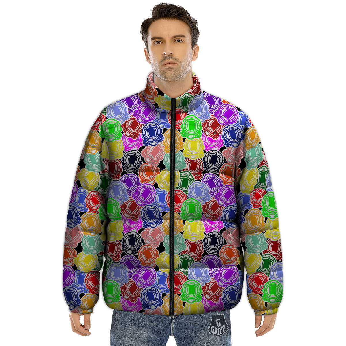 Astronaut Helmet Colorful Print Pattern Puffer Jacket-grizzshop