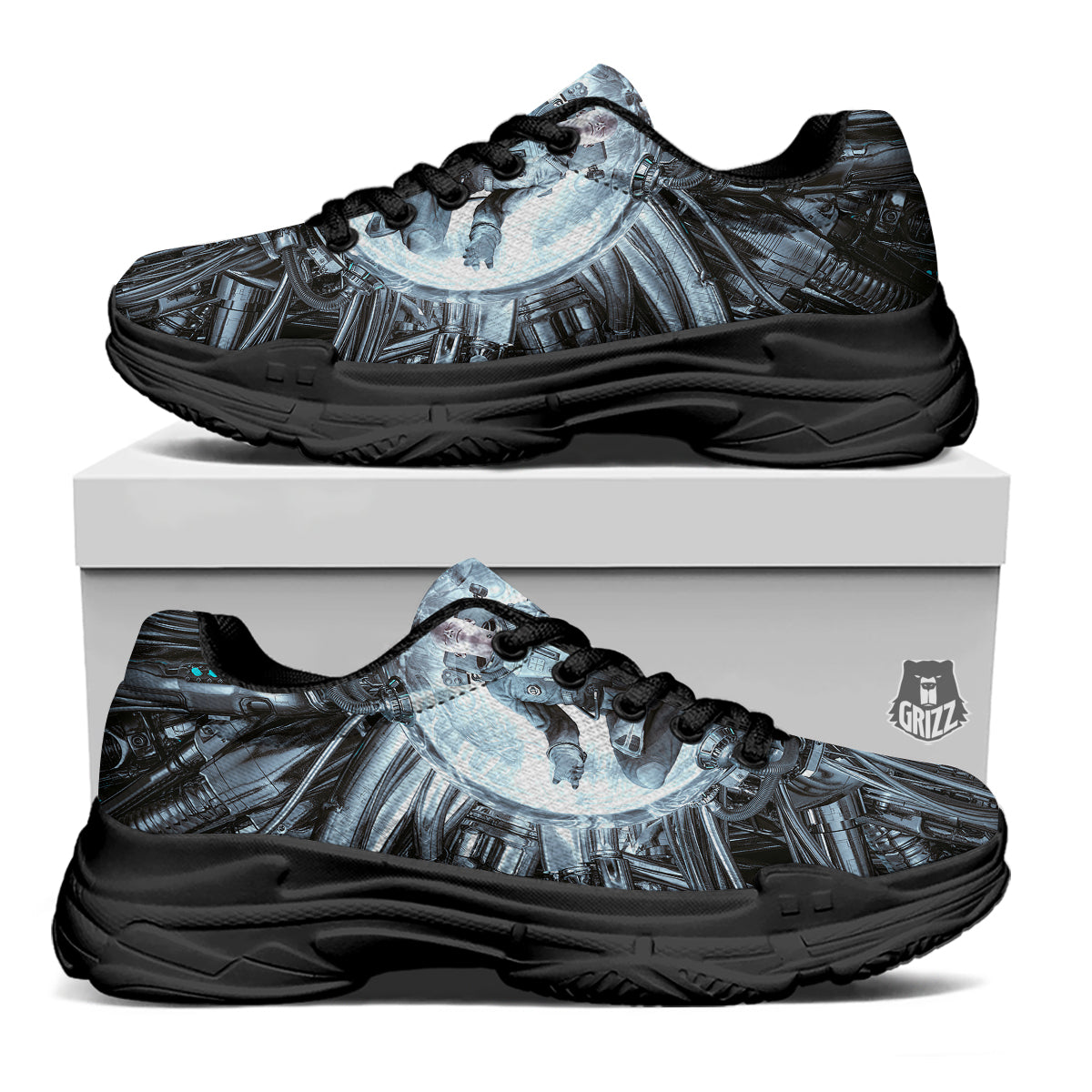 Astronaut In Machine Print Black Chunky Shoes-grizzshop