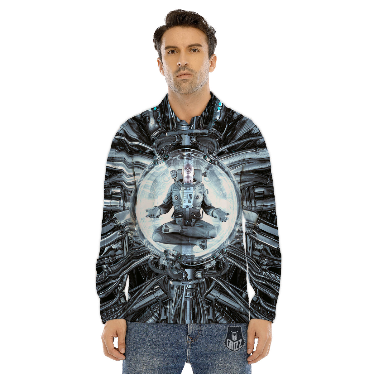 Astronaut In Machine Print Men's Dress Shirts-grizzshop