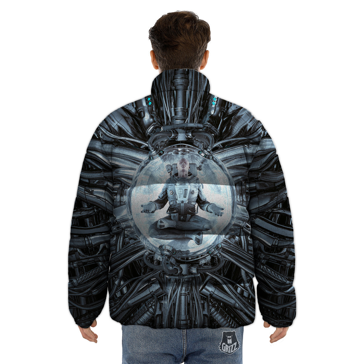 Astronaut In Machine Print Puffer Jacket-grizzshop