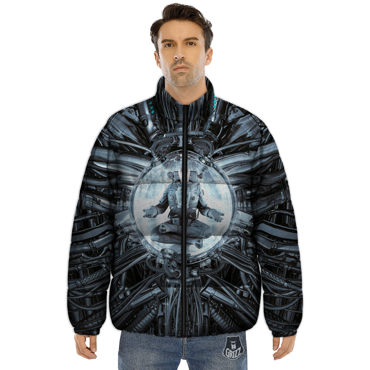 Astronaut In Machine Print Puffer Jacket-grizzshop