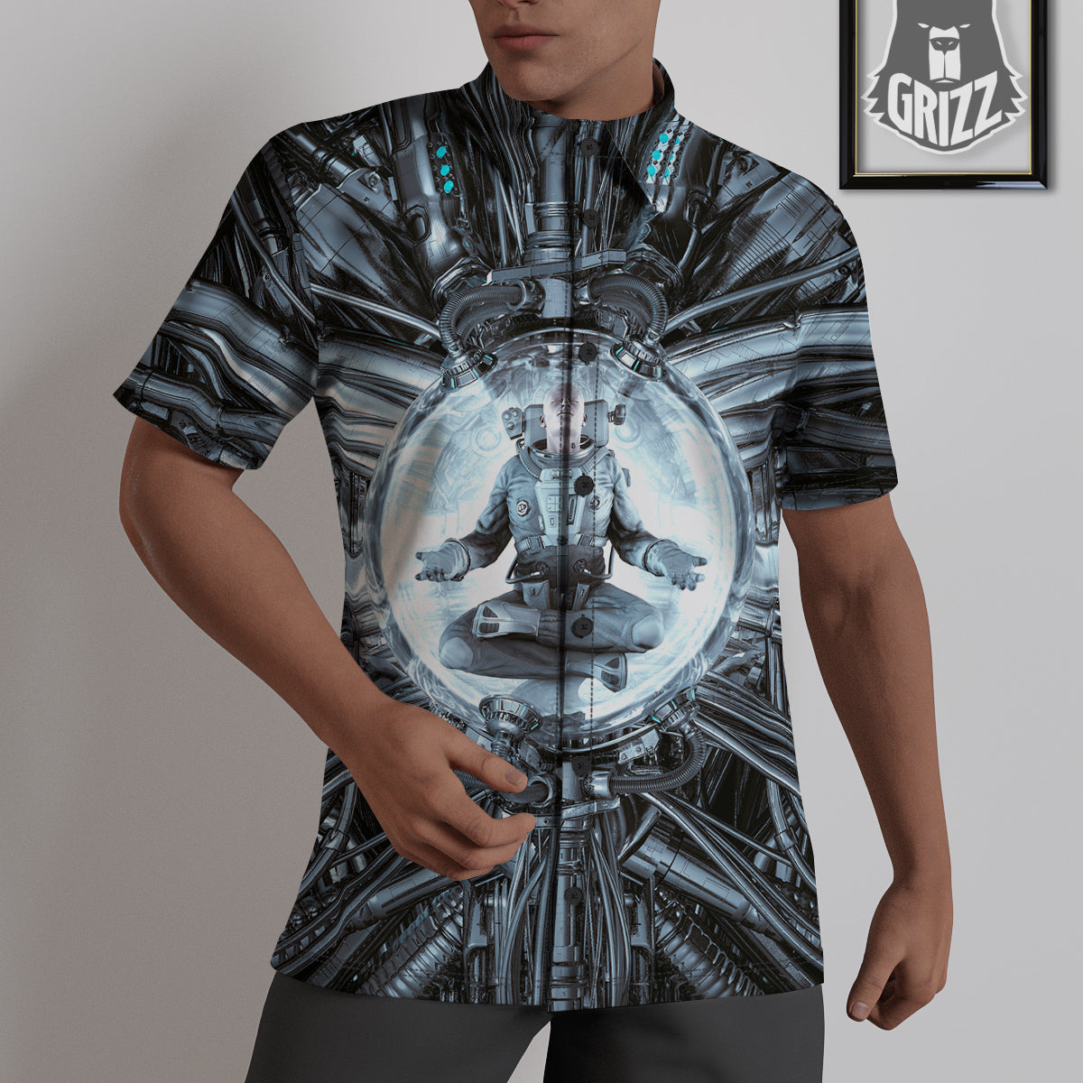 Astronaut In Machine Print Untucked Shirts-grizzshop