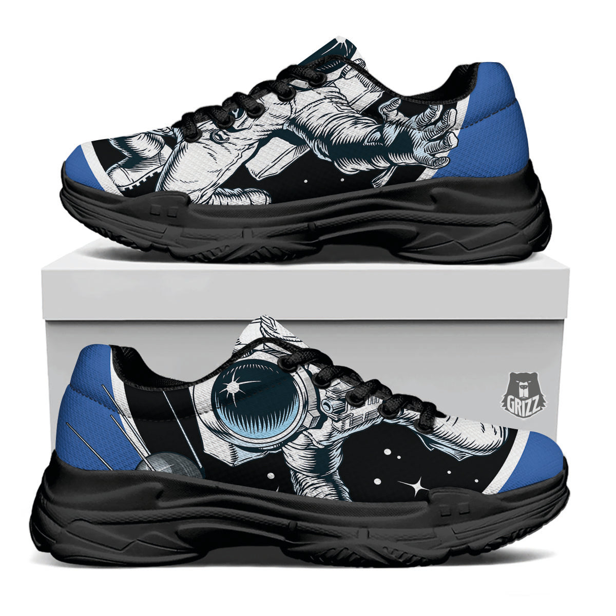 Astronaut In The Space Print Black Chunky Shoes-grizzshop