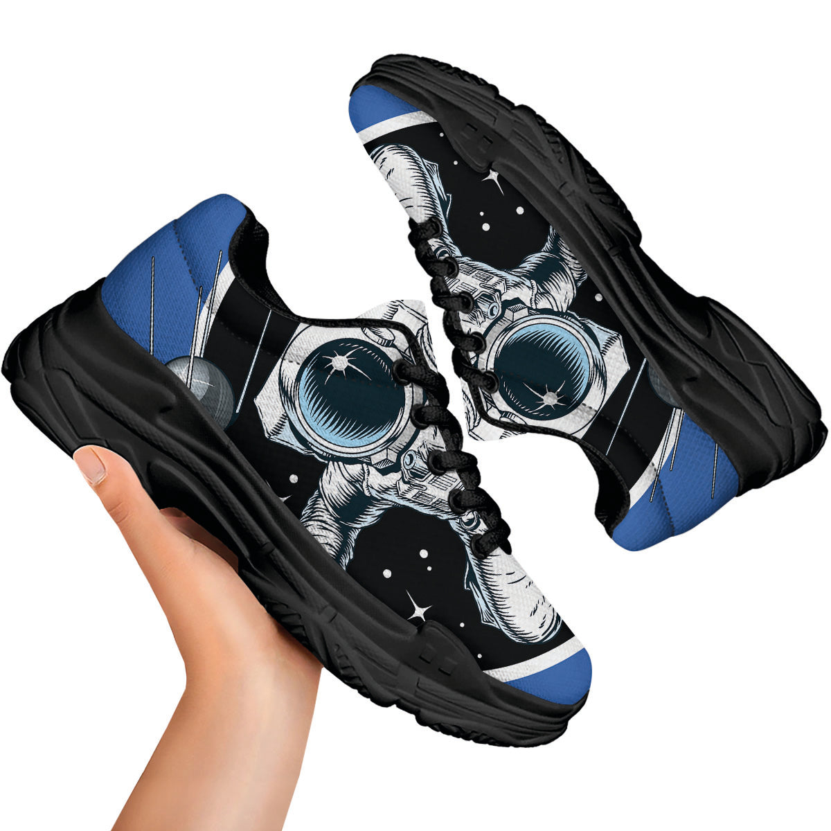 Astronaut In The Space Print Black Chunky Shoes-grizzshop