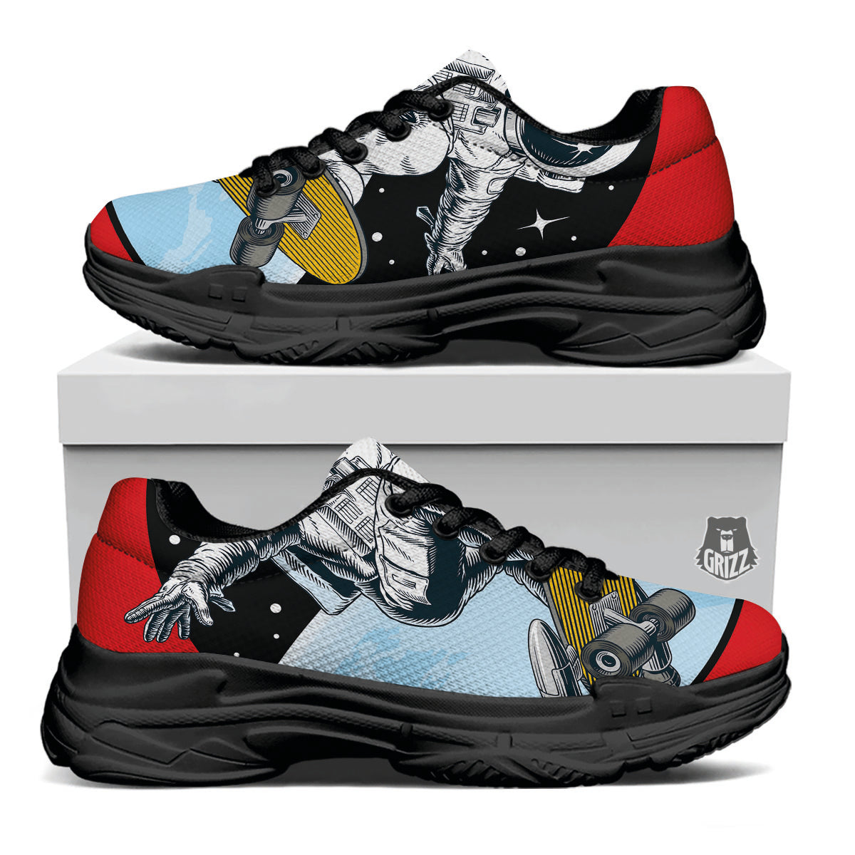 Astronaut Skateboard Print Black Chunky Shoes-grizzshop