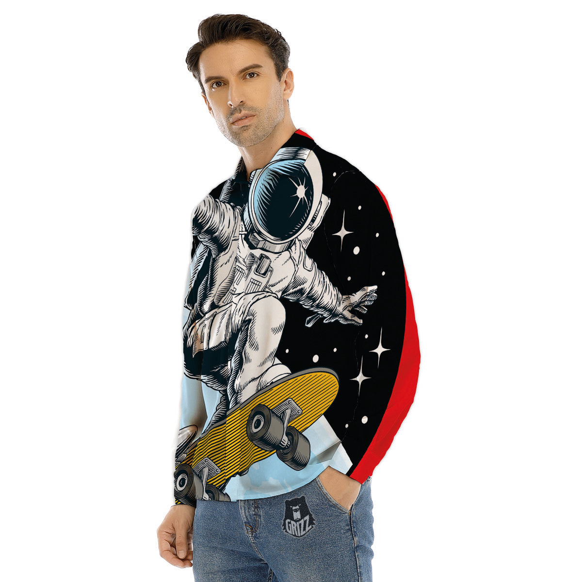 Astronaut Skateboard Print Men's Dress Shirts-grizzshop