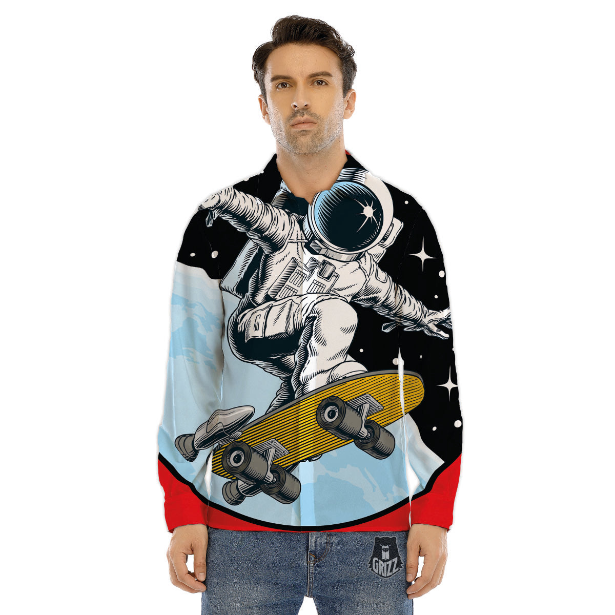 Astronaut Skateboard Print Men's Dress Shirts-grizzshop