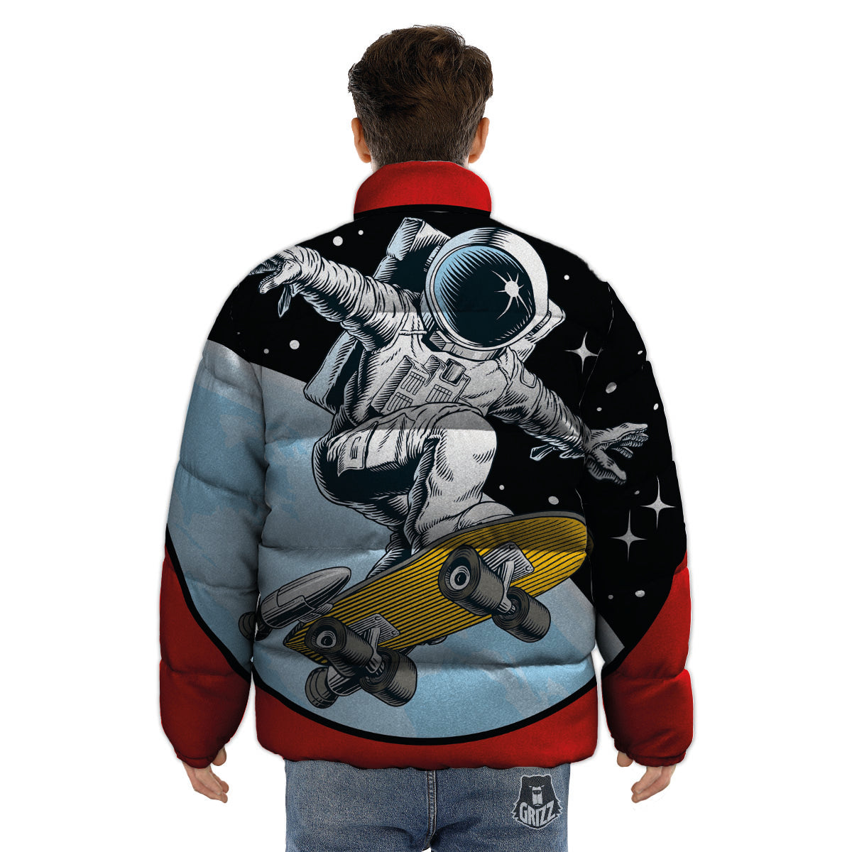 Astronaut Skateboard Print Puffer Jacket-grizzshop