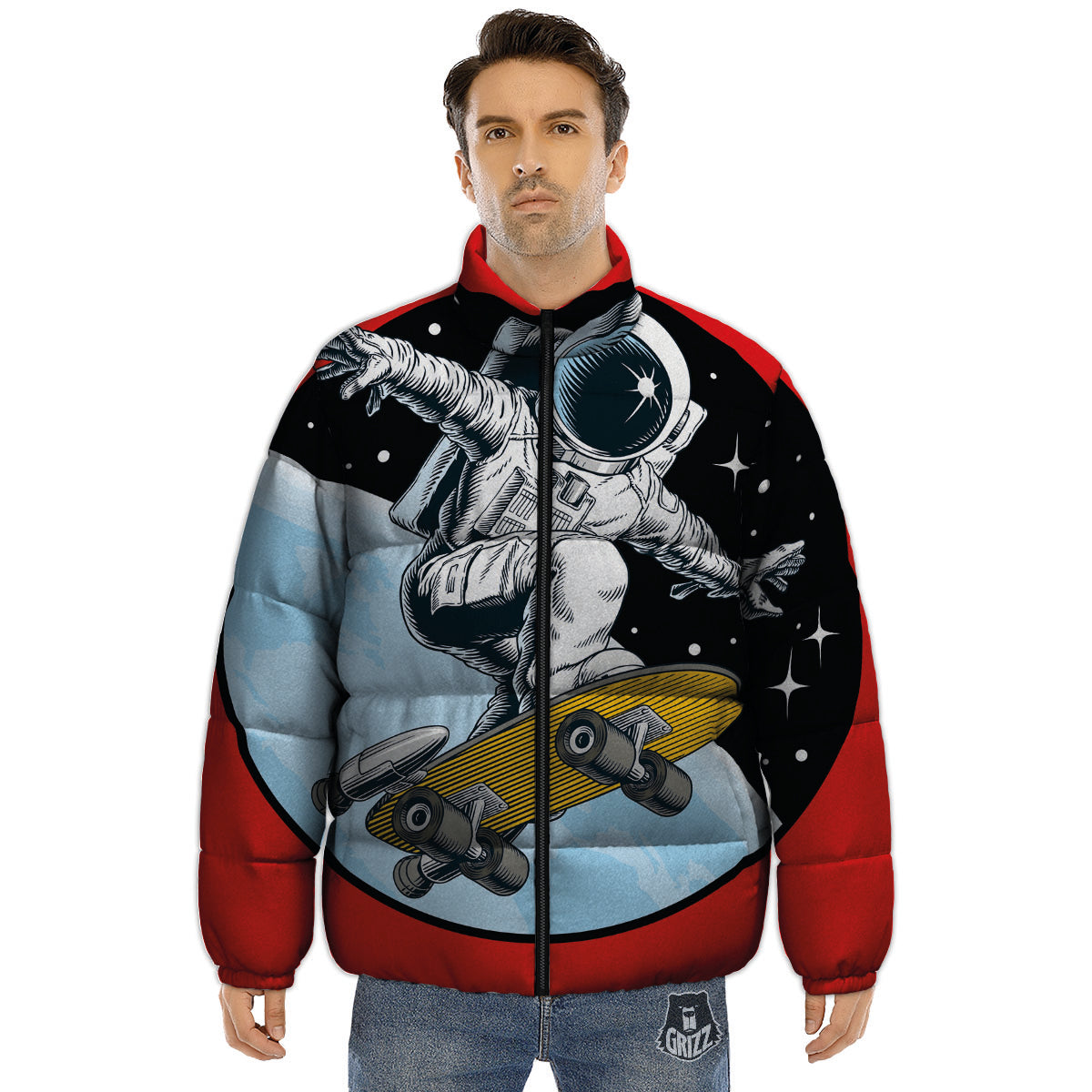 Astronaut Skateboard Print Puffer Jacket-grizzshop