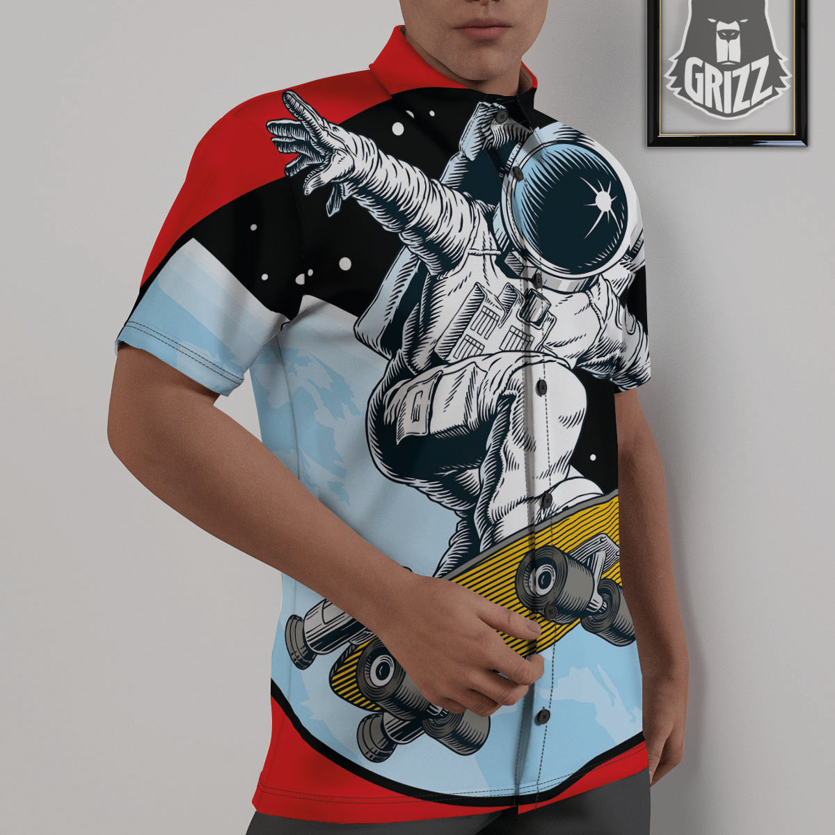Astronaut Skateboard Print Untucked Shirts-grizzshop