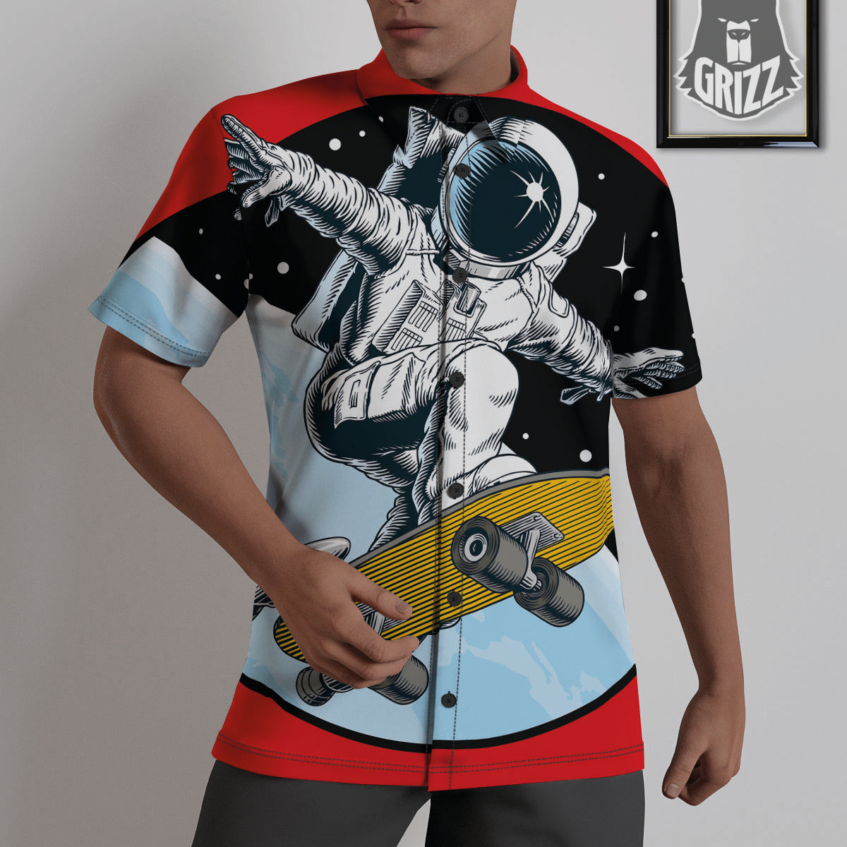 Astronaut Skateboard Print Untucked Shirts-grizzshop