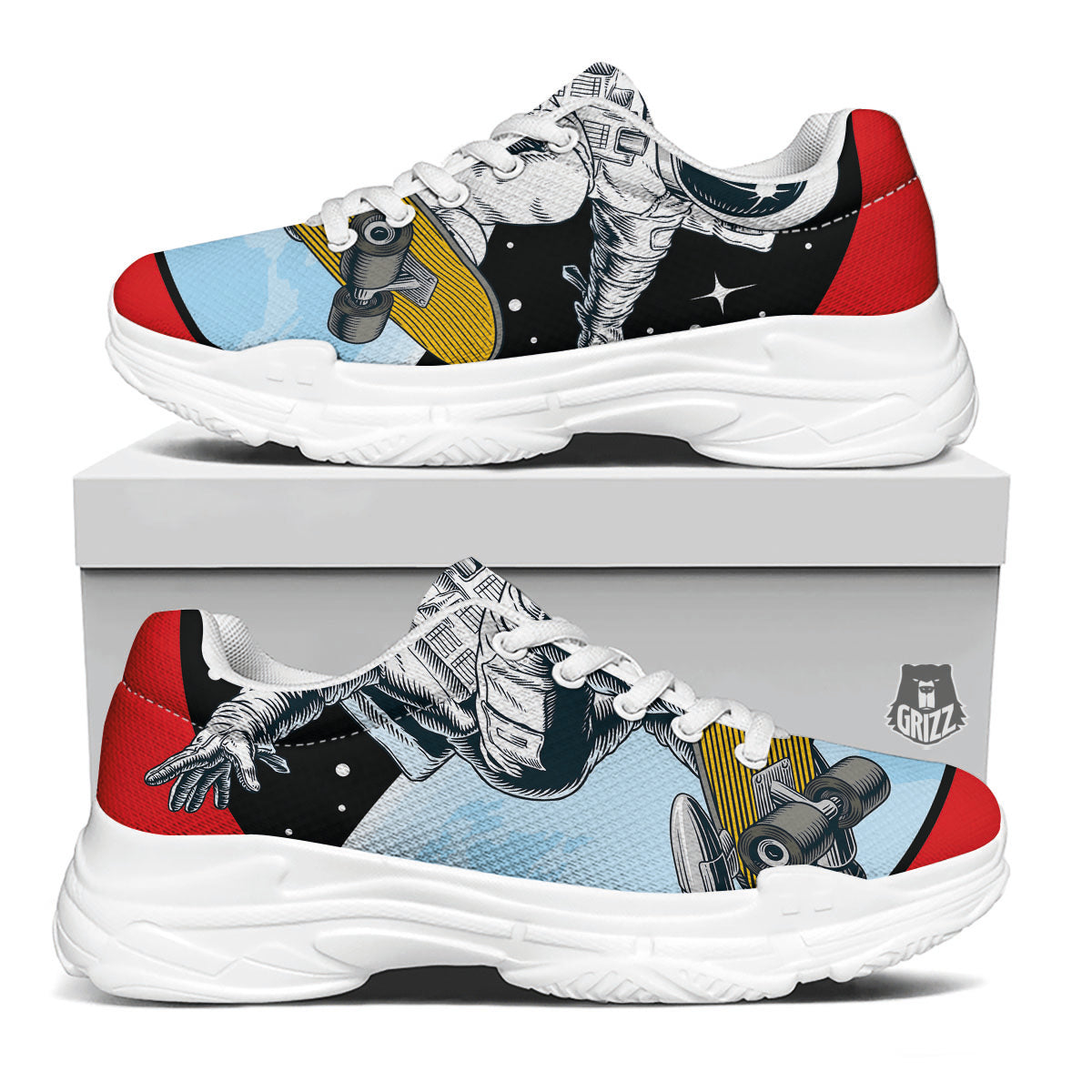 Astronaut Skateboard Print White Chunky Shoes-grizzshop