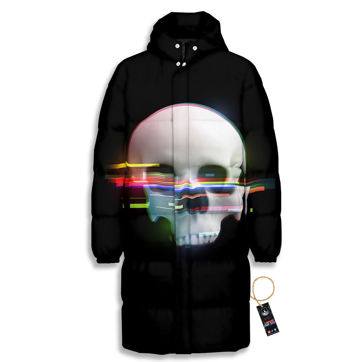 Astronaut Skull Digital Glitch Print Long Down Jacket-grizzshop