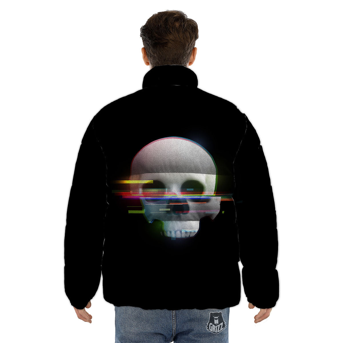 Astronaut Skull Digital Glitch Print Puffer Jacket-grizzshop
