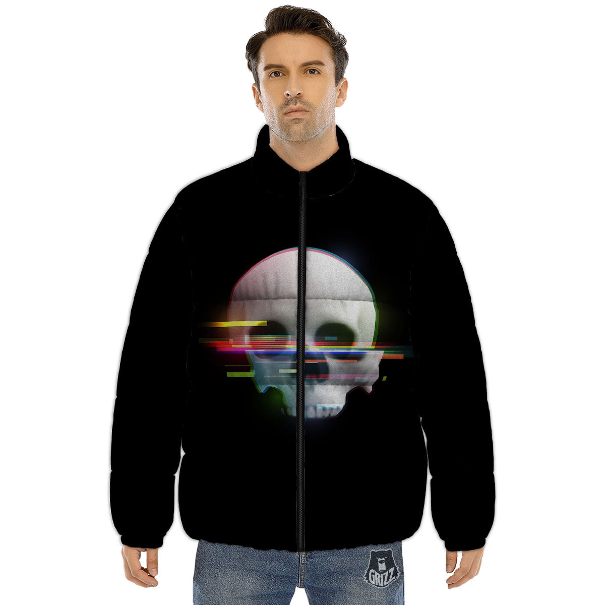 Astronaut Skull Digital Glitch Print Puffer Jacket-grizzshop