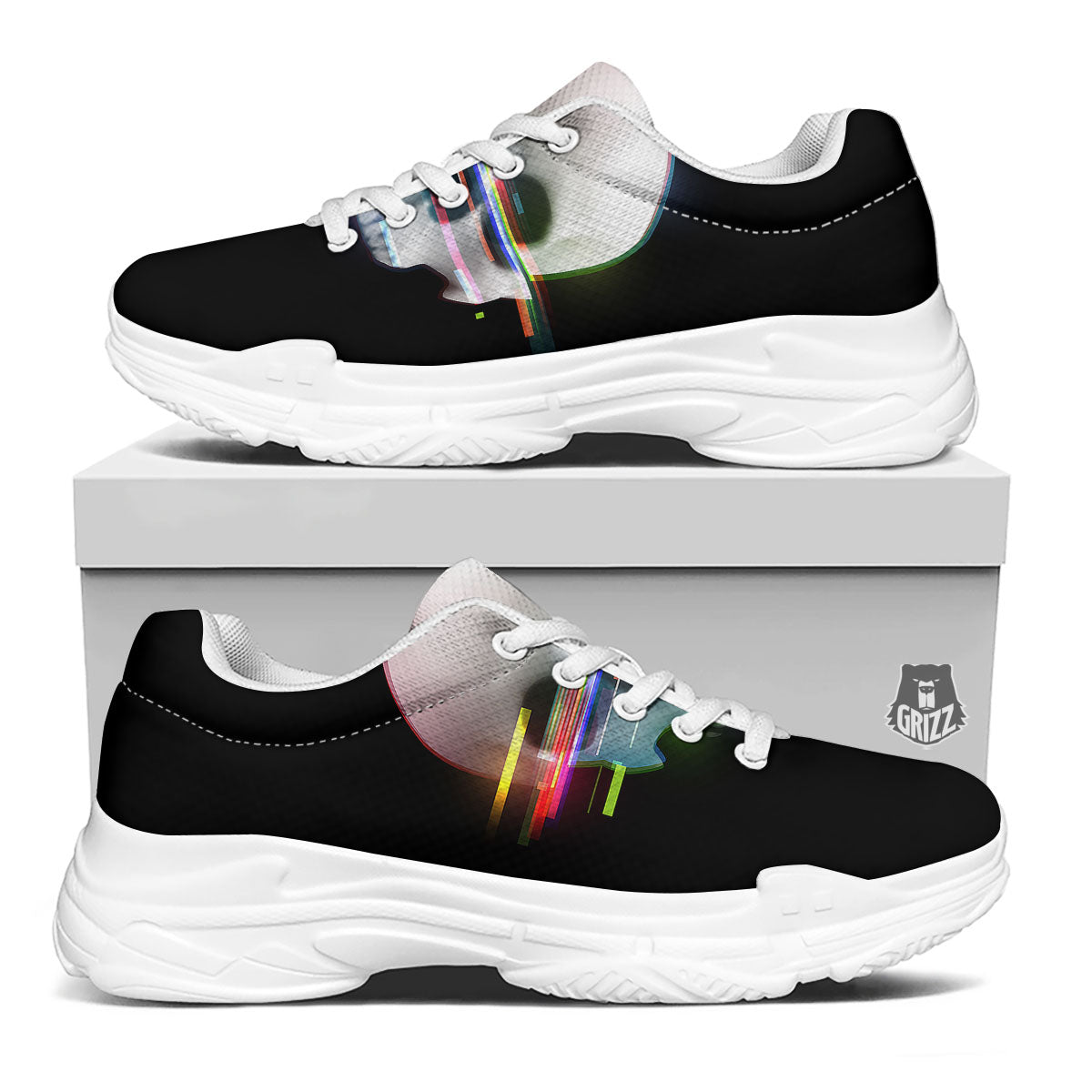 Astronaut Skull Digital Glitch Print White Chunky Shoes-grizzshop