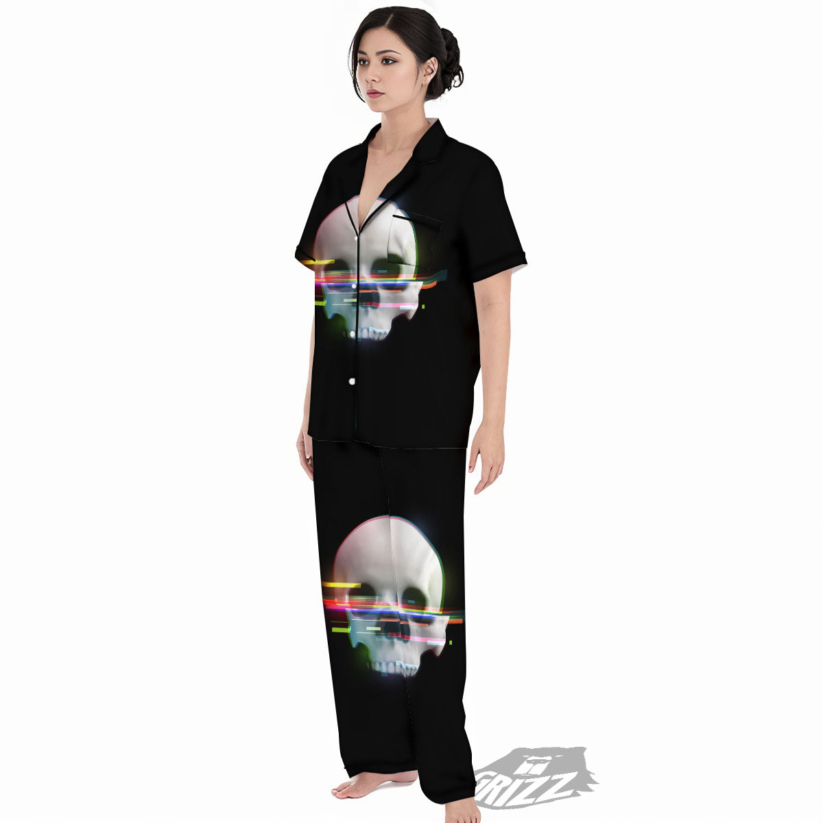 Astronaut Skull Digital Glitch Print Women's Pajamas Set-grizzshop