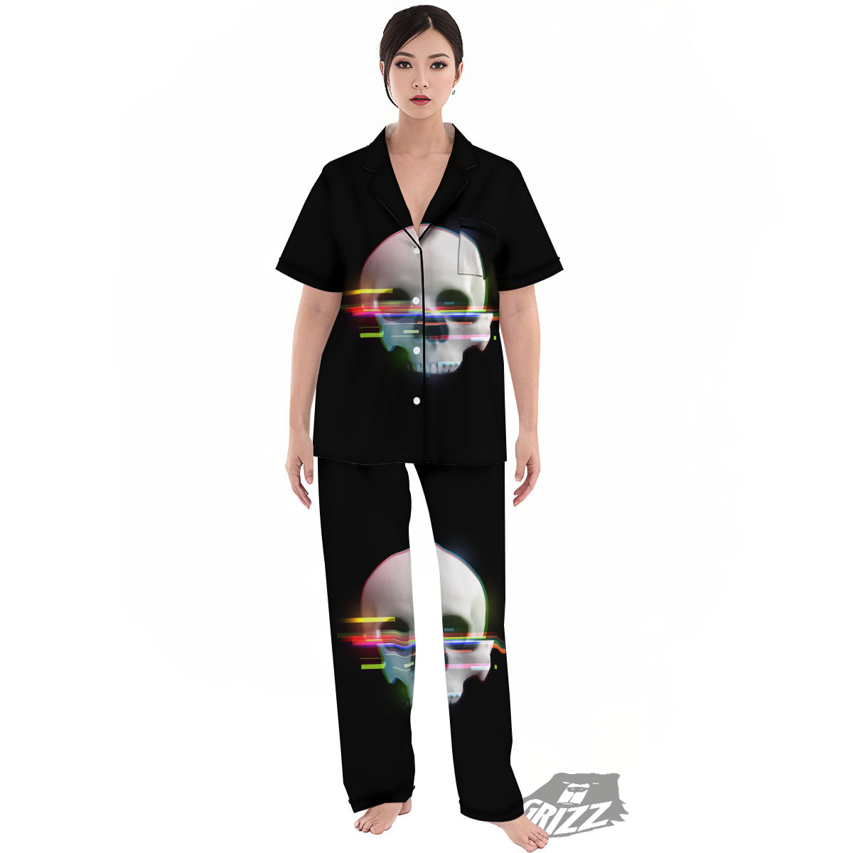 Astronaut Skull Digital Glitch Print Women's Pajamas Set-grizzshop