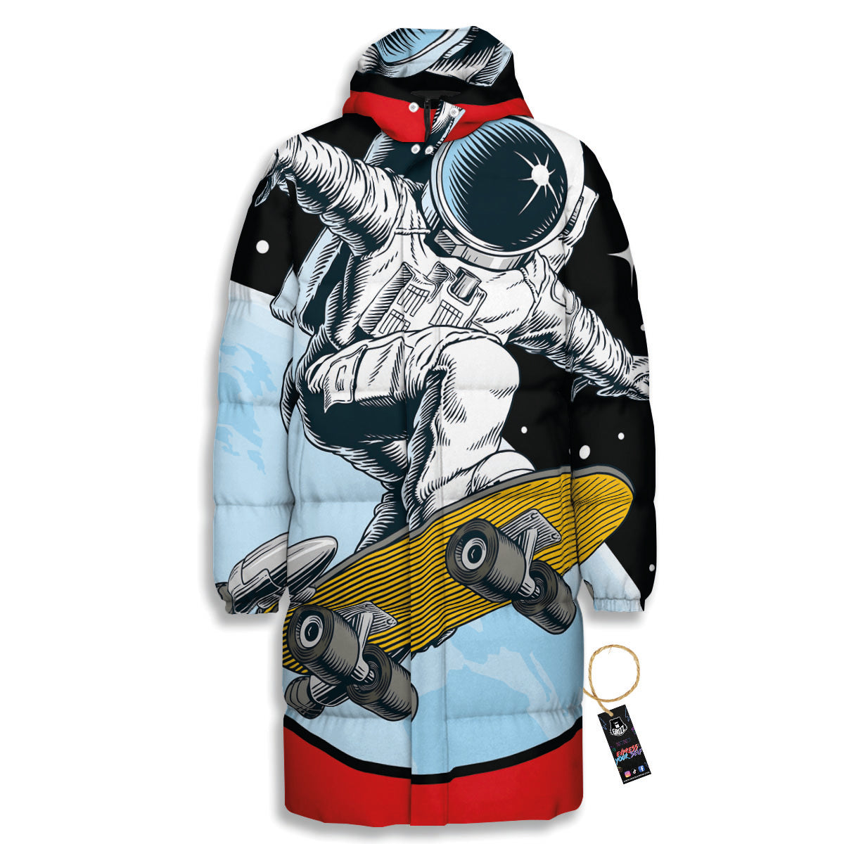 Astronaut Skateboard Print Long Down Jacket