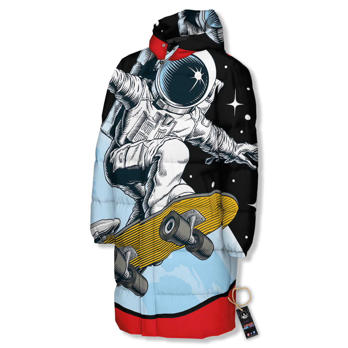 Astronaut Skateboard Print Long Down Jacket