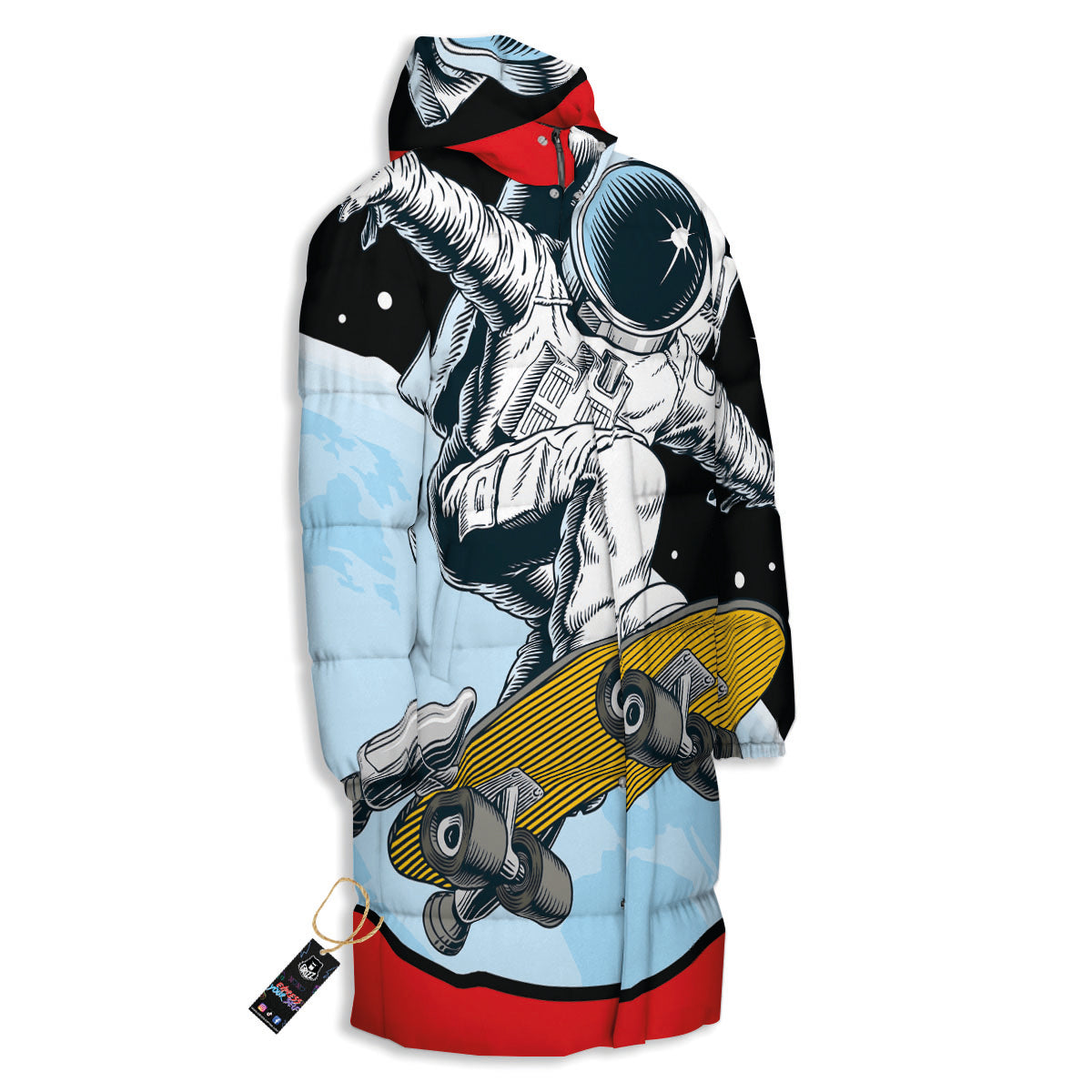 Astronaut Skateboard Print Long Down Jacket