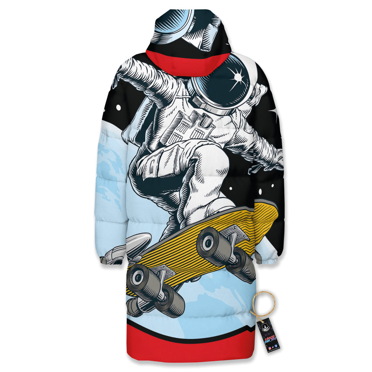 Astronaut Skateboard Print Long Down Jacket