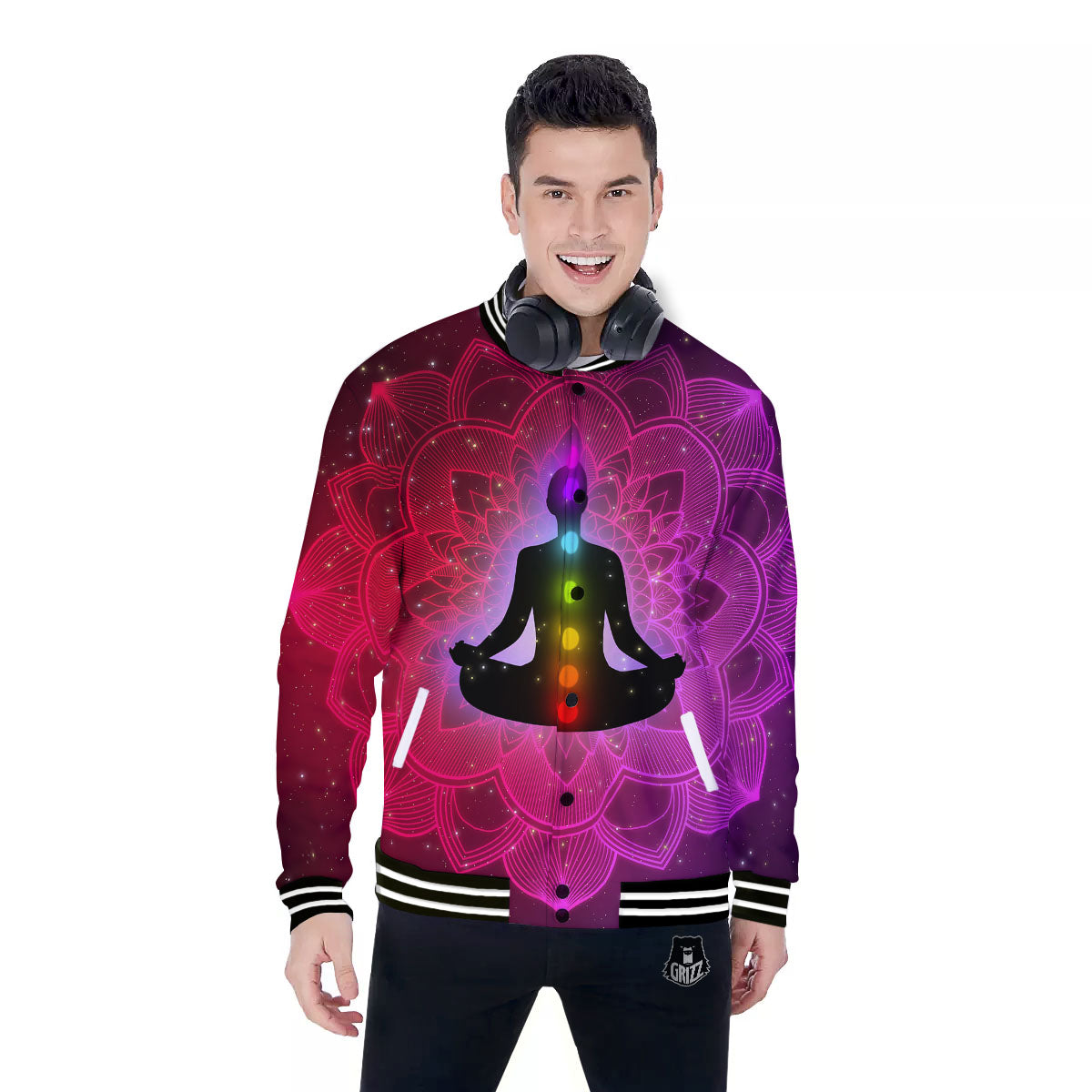 Aura Mandala Chakras Print Baseball Jacket-grizzshop