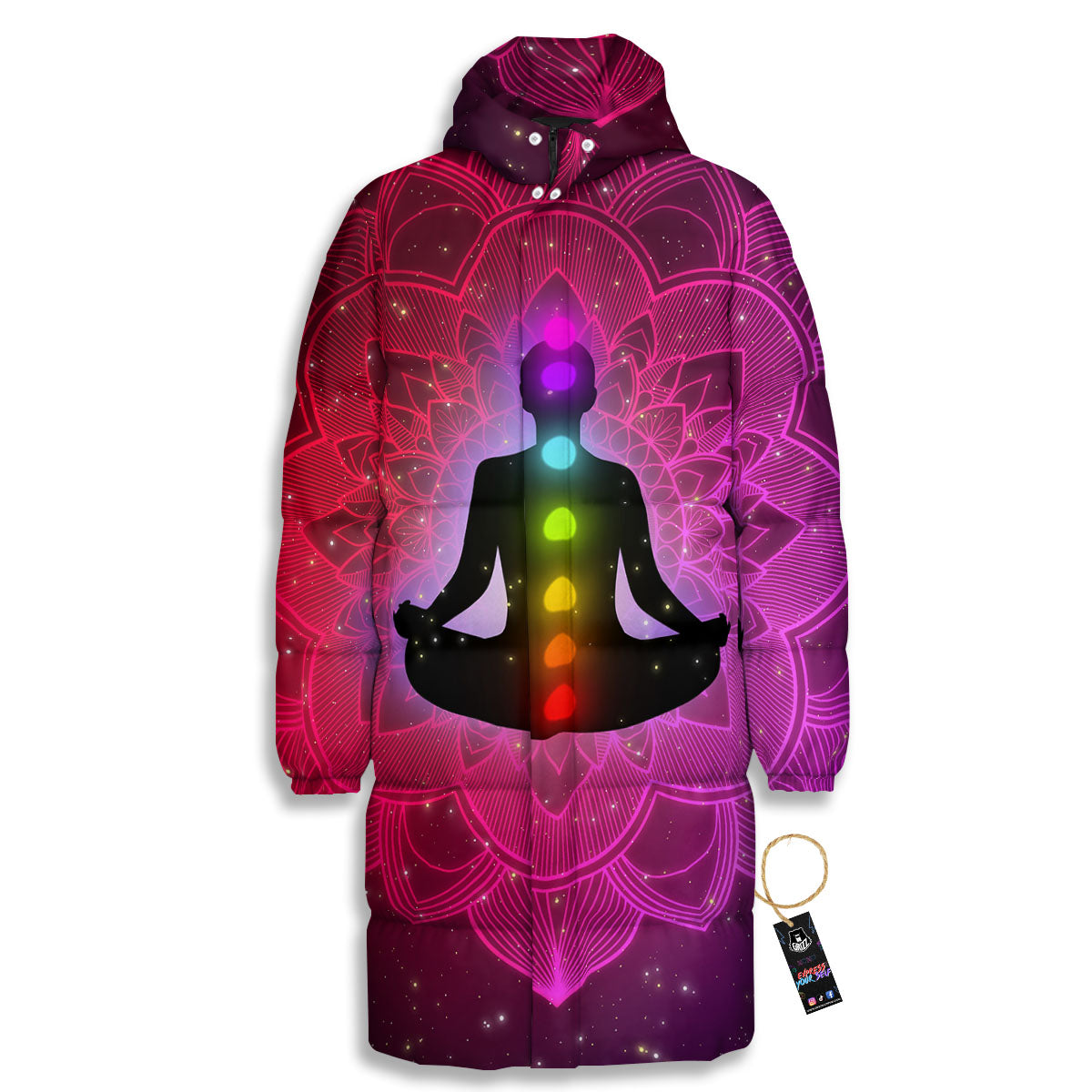 Aura Mandala Chakras Print Long Down Jacket-grizzshop