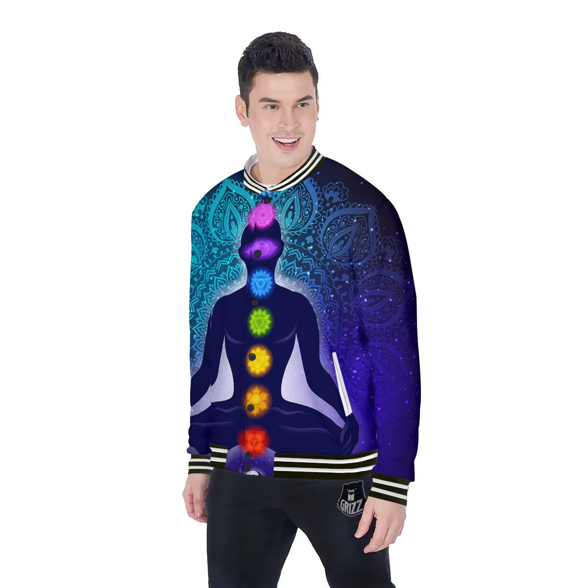 Aura Nine Chakras Print Baseball Jacket-grizzshop