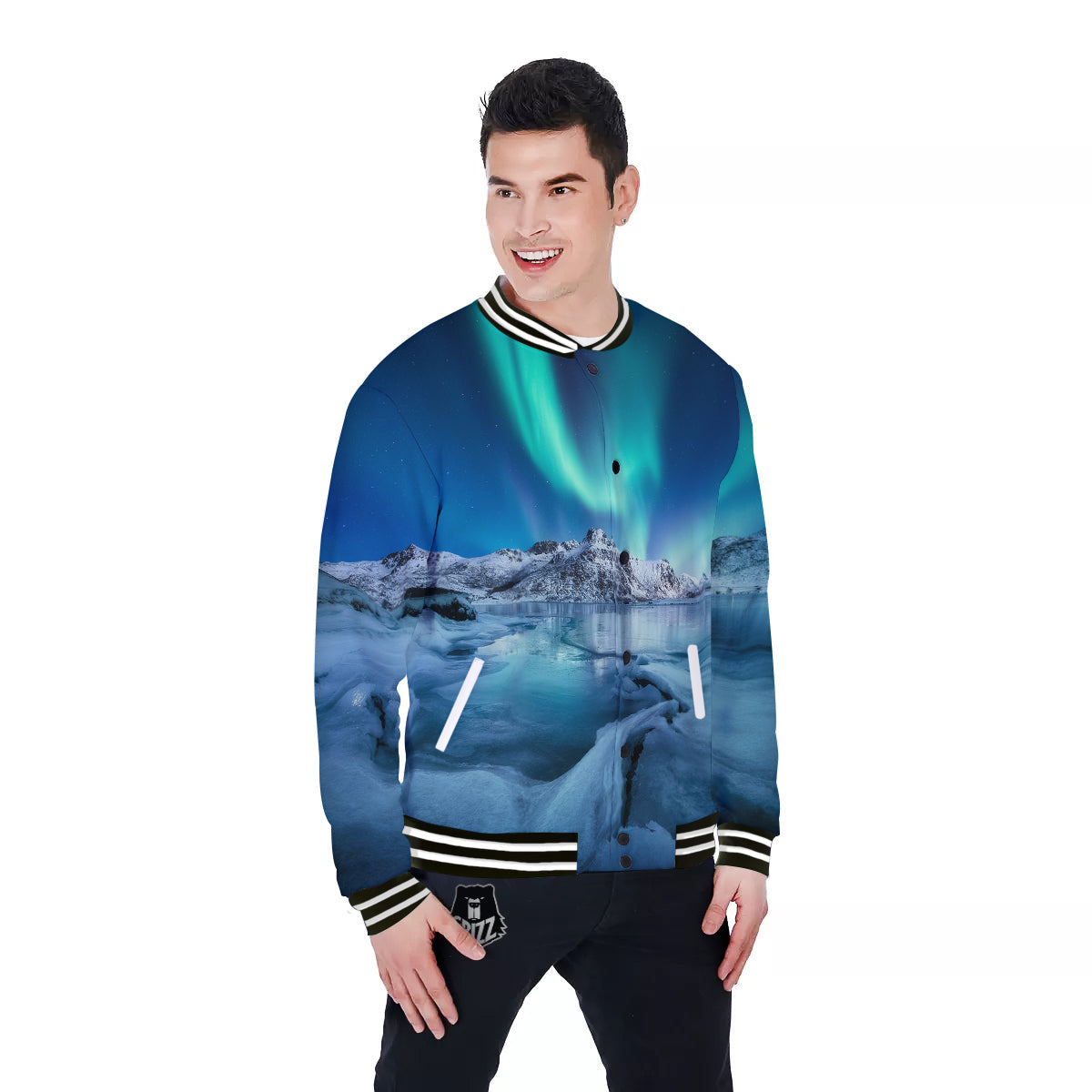 Aurora Borealis Blue Print Baseball Jacket-grizzshop