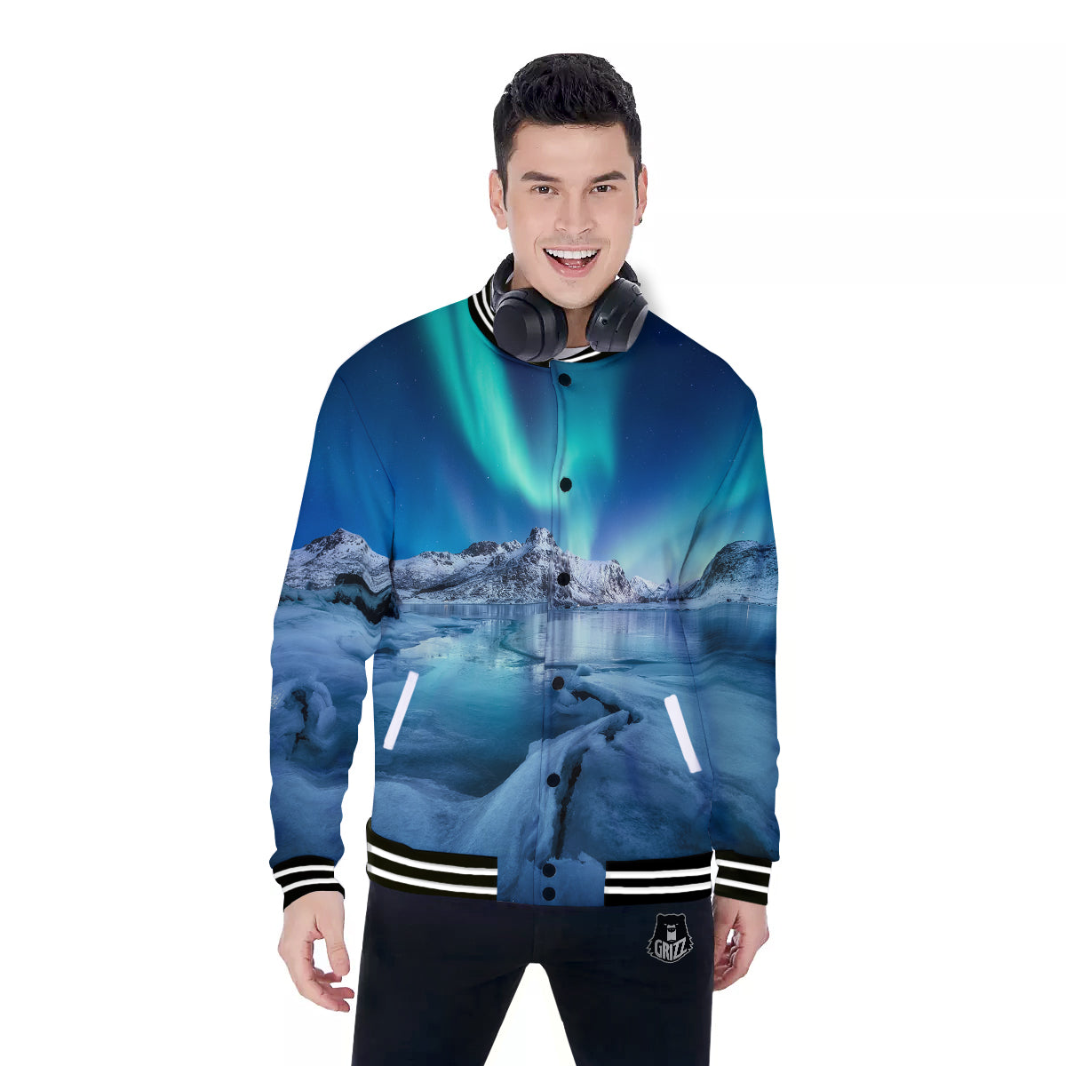 Aurora Borealis Blue Print Baseball Jacket-grizzshop