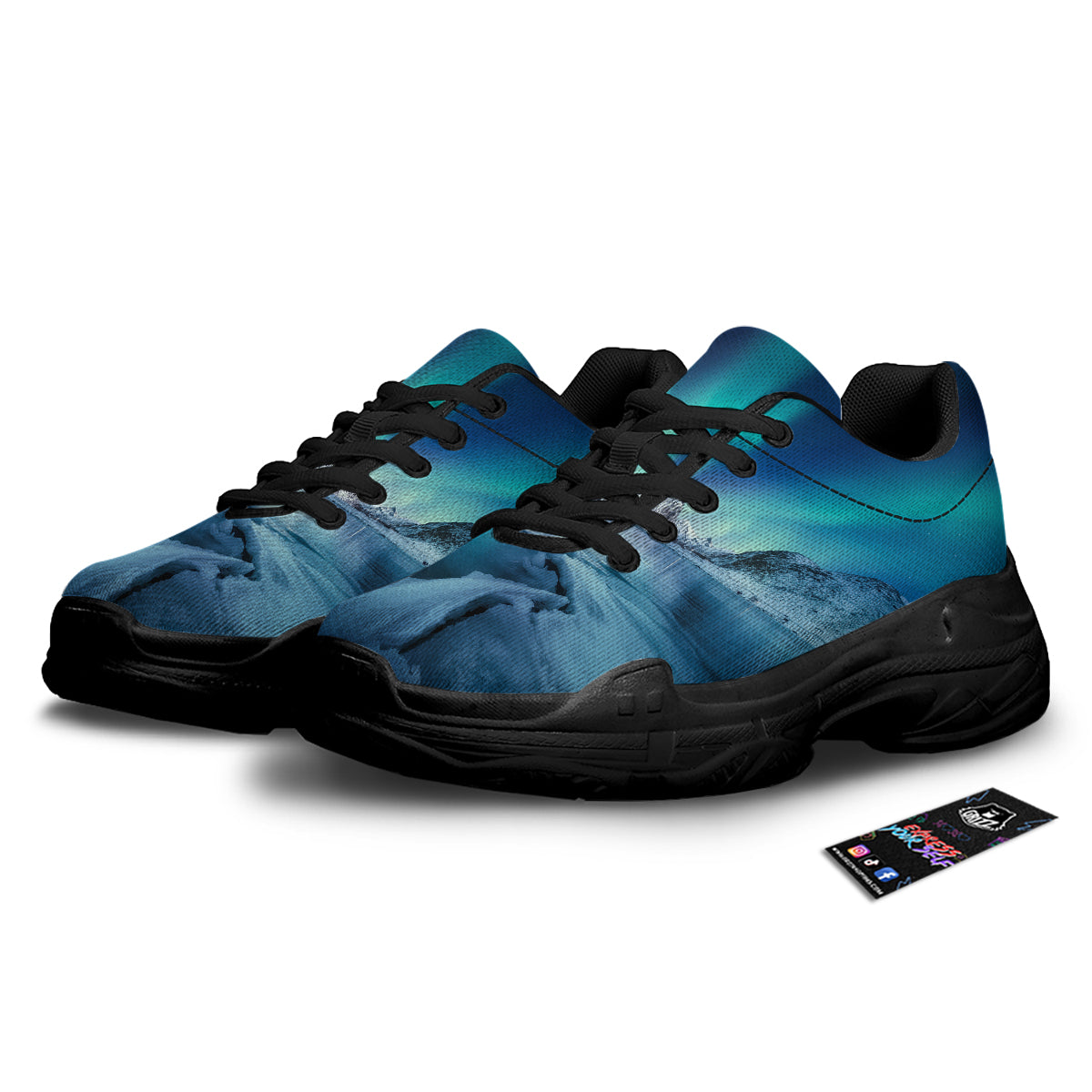Aurora Borealis Blue Print Black Chunky Shoes-grizzshop