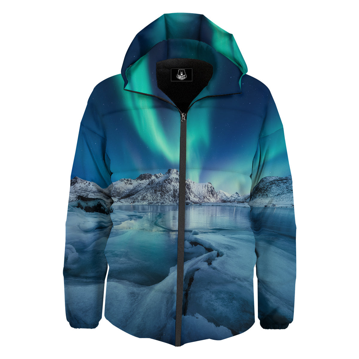 Aurora Borealis Blue Print Down Jacket-grizzshop