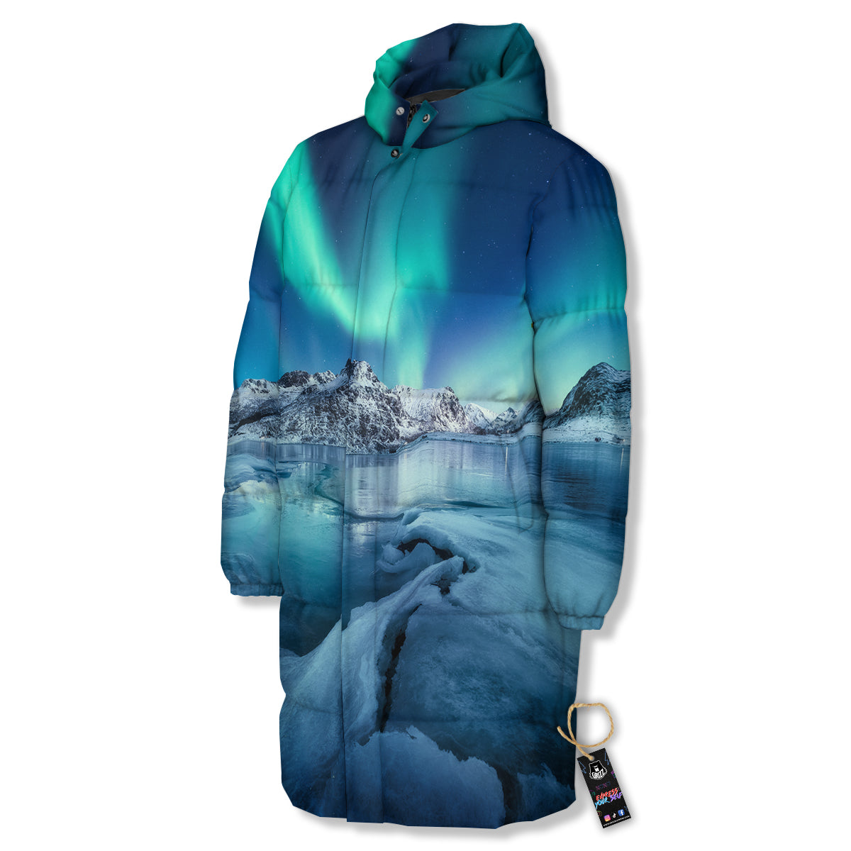 Aurora Borealis Blue Print Long Down Jacket-grizzshop
