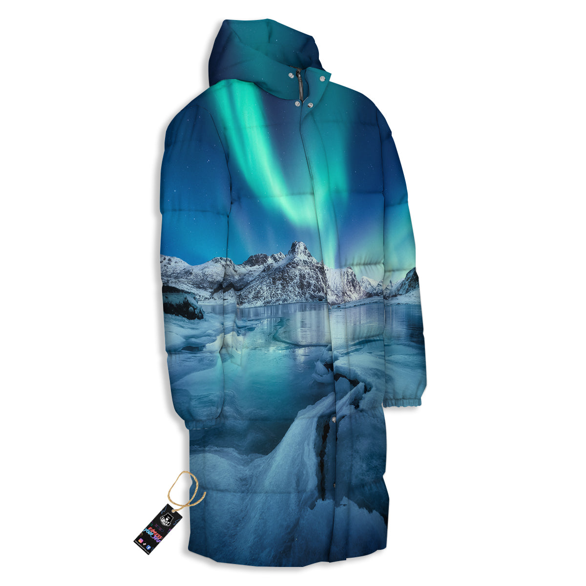 Aurora Borealis Blue Print Long Down Jacket-grizzshop