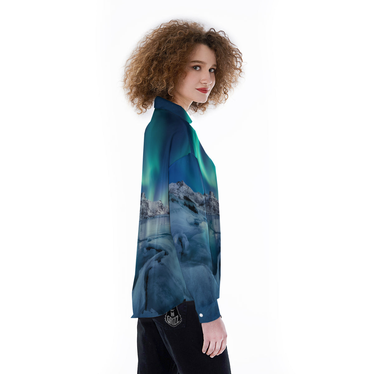 Aurora Borealis Blue Print Women's Long Sleeve Shirts-grizzshop