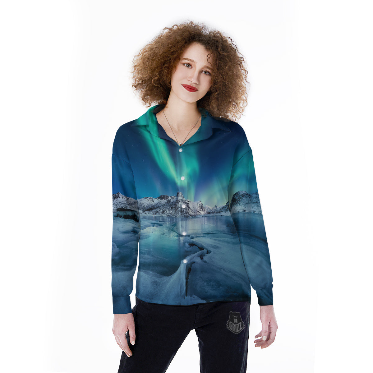 Aurora Borealis Blue Print Women's Long Sleeve Shirts-grizzshop