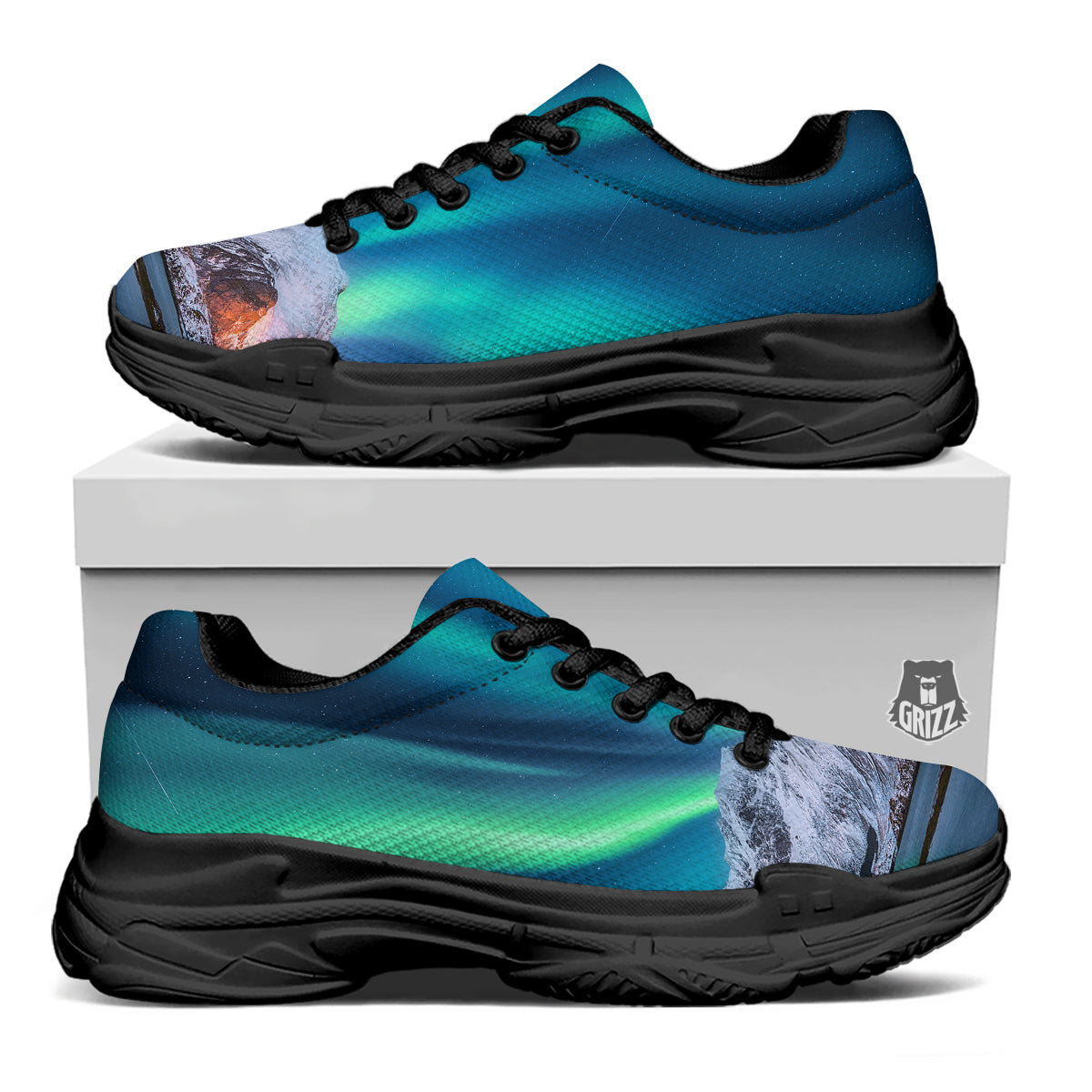 Aurora Green Northern Lights Print Black Chunky Shoes-grizzshop