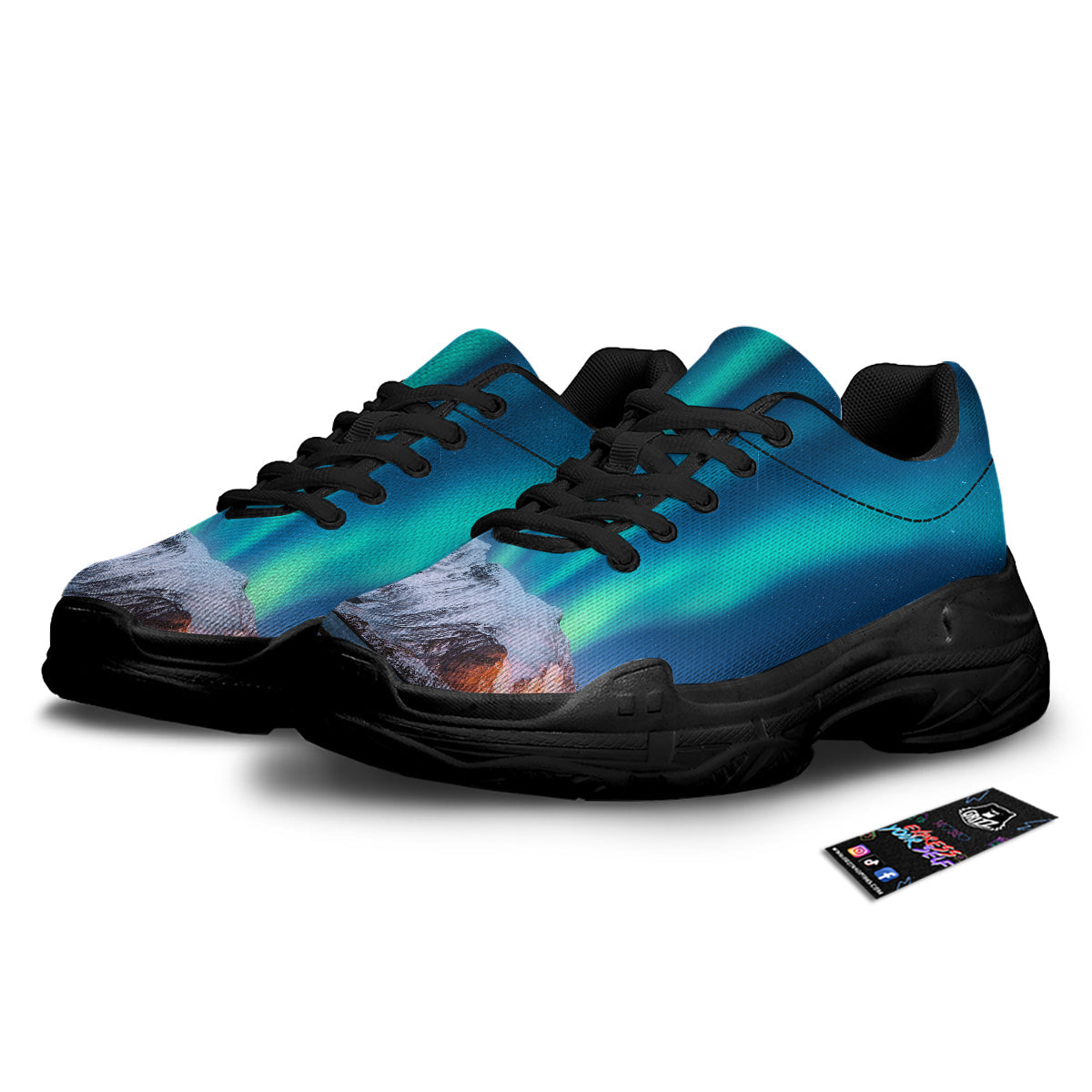 Aurora Green Northern Lights Print Black Chunky Shoes-grizzshop